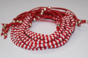 Traditional Martenitsa Bracelet – Red and White with Glass Beads