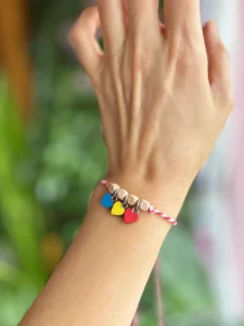 Romanian Cotton cord, wooden beads, wooden hearts, hand painted martisor